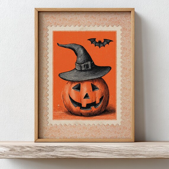 Vintage Orange Jackolantern Stamp Print Retro Halloween Wall Art Witch Hat Pumpkin Spooky Fall Decor