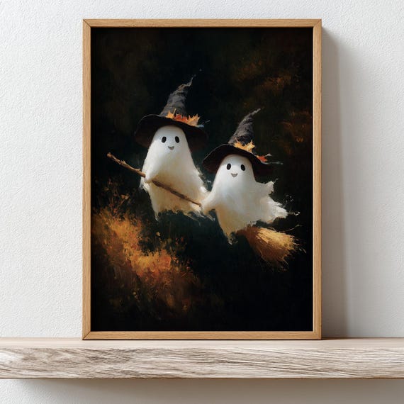 Two Little Witch Ghosts Print Cute Halloween Wall Art Vintage Painting Adorable Spooky Nursery Decor Autumn Fall Poster
