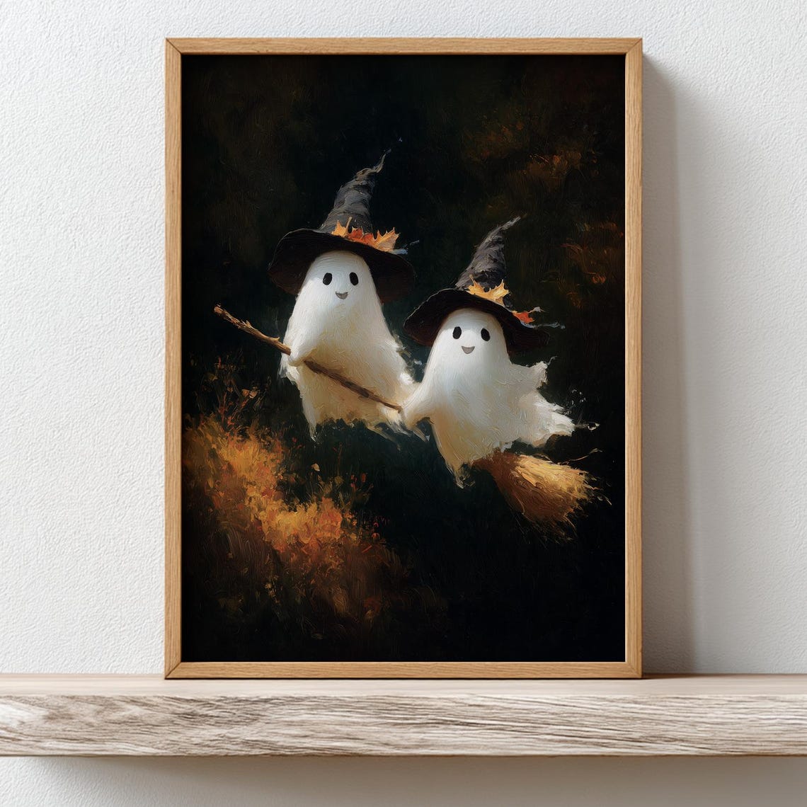 Two Little Witch Ghosts Flying On Broomstick Vintage Halloween Poster