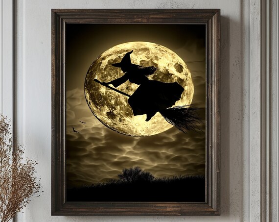 Witch Silhouette Flying Across Golden Full Moon Halloween Poster