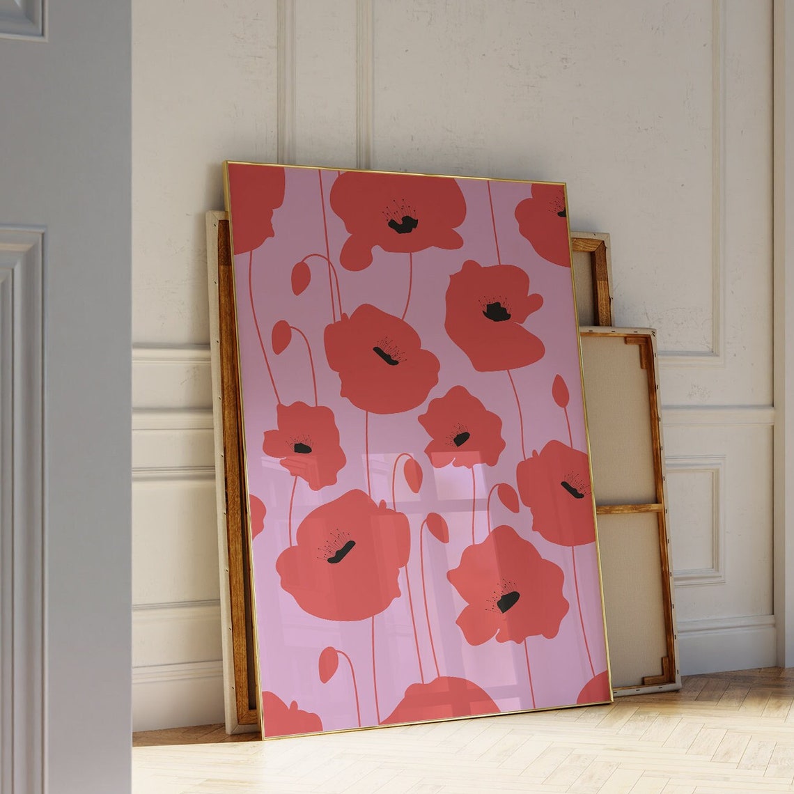 Red Poppies on Pink Abstract Poppy Flower Field Minimal Art Poster