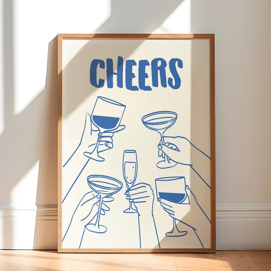 Cheers Blue Cocktail Glasses Toast Bar Cart Party Decor Poster
