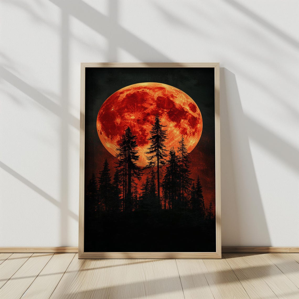 Blood Moon Over Black Pine Forest Mystical Gothic Night Sky Wall Art - Image 2