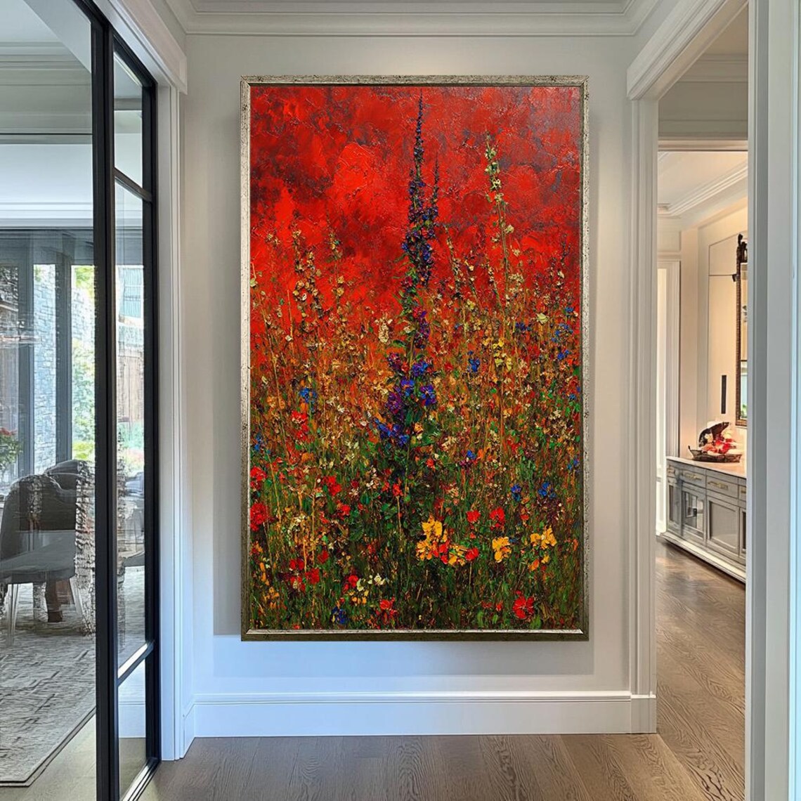 Red Sunset Wildflower Garden Impasto Poppies Meadow Painting Wall Art - Image 2