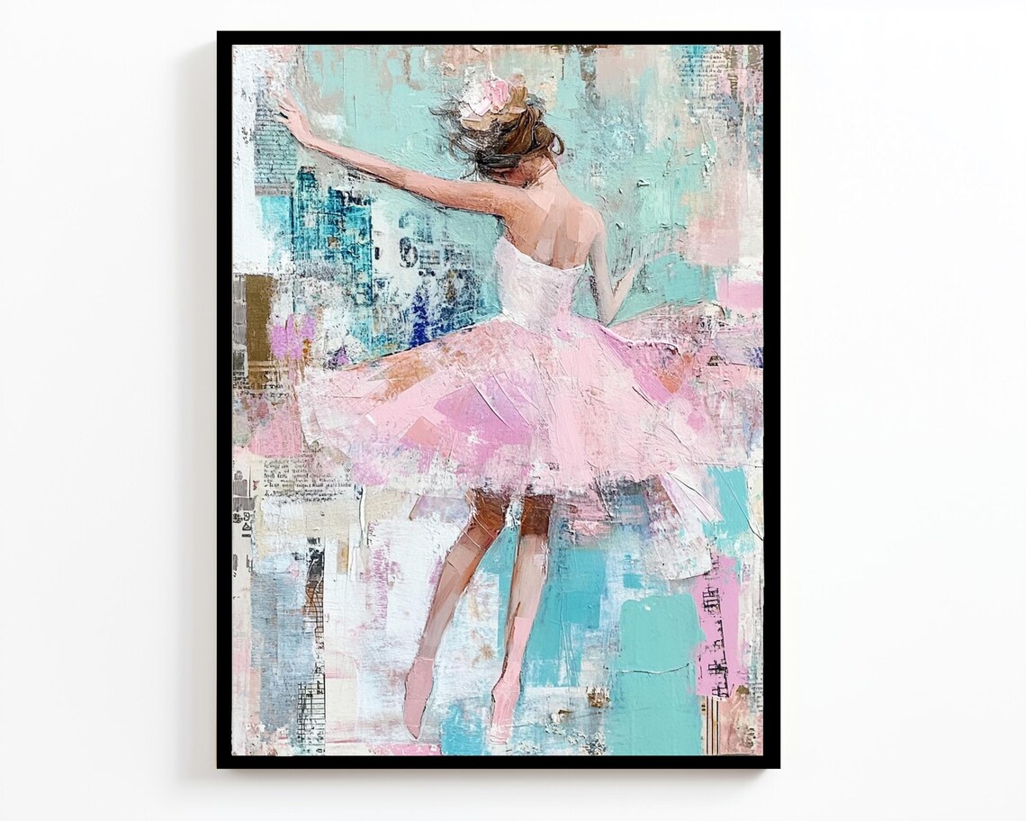 Elegant Pink Ballerina Dancing Tutu Mixed Media Pastel Painting Wall Art - Image 2