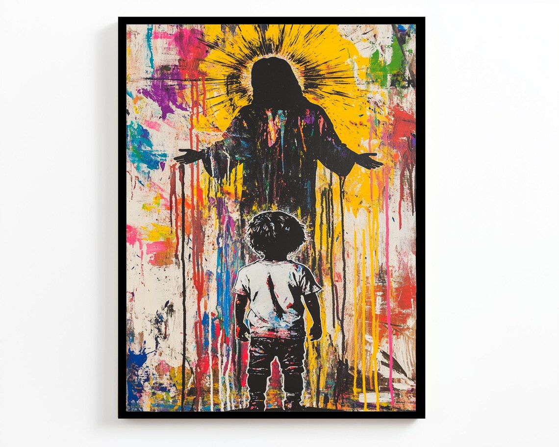 Jesus Arms Open Golden Sunburst Halo Child Multicolor Drip Graffiti Poster - Image 2