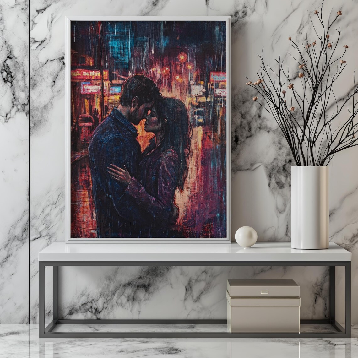 Romantic Couple Kissing In Neon Rain City Night Lights Wall Art - Image 2