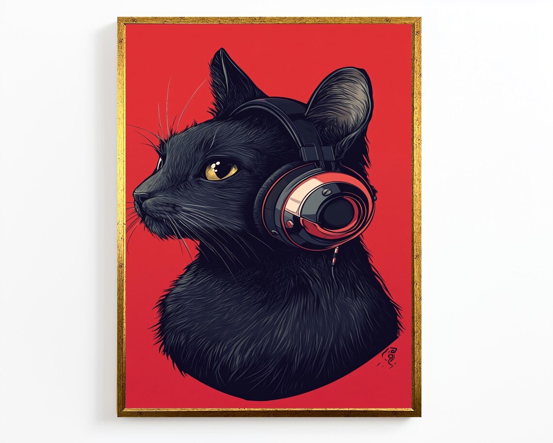 Black Cat With Headphones Bold Red Background Cool Music Wall Art Poster - Image 2