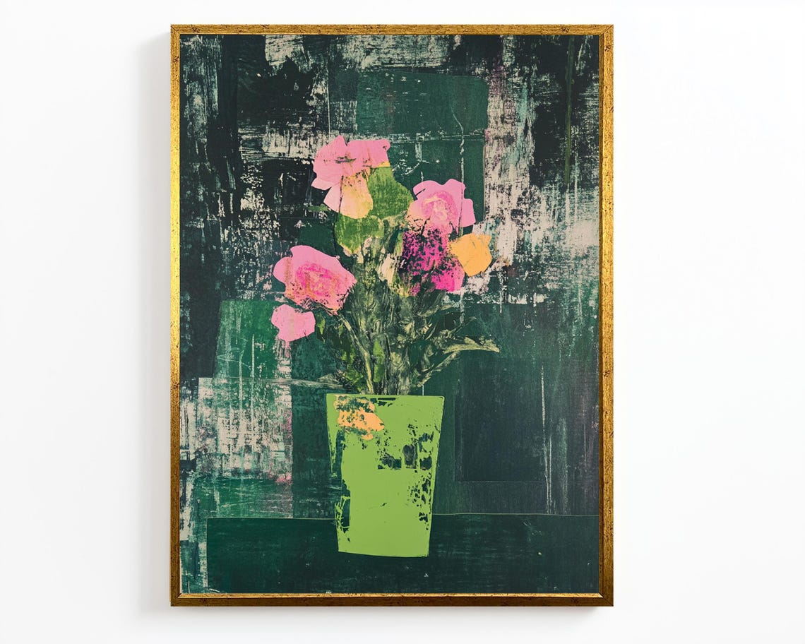 Pink Blossoms Lime Green Vase Distressed Dark Floral Art Print Poster - Image 2