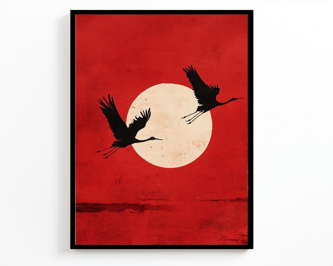 Japanese Cranes in Flight Red Sun Circle Bold Minimalist Wall Art - Image 2