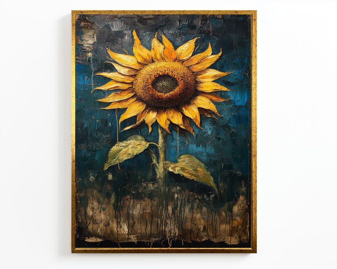 Rustic Dark Sunflower Oil Painting Moody Teal Textured Floral Poster - Image 2