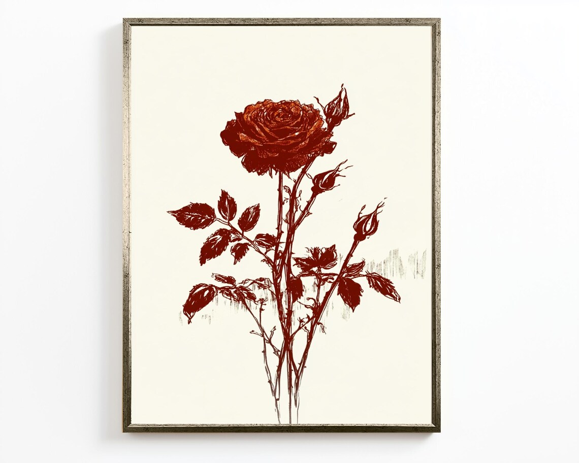 Vintage Red Rose Botanical Illustration Burgundy Flower Sketch Poster - Image 2