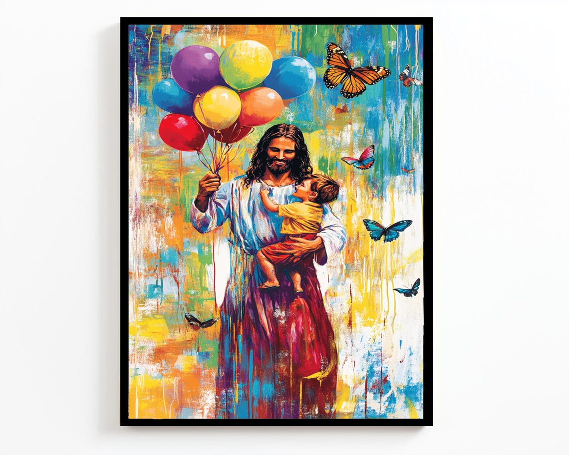 Jesus Embracing Child Rainbow Balloon Bouquet Butterfly Wall Art - Image 2