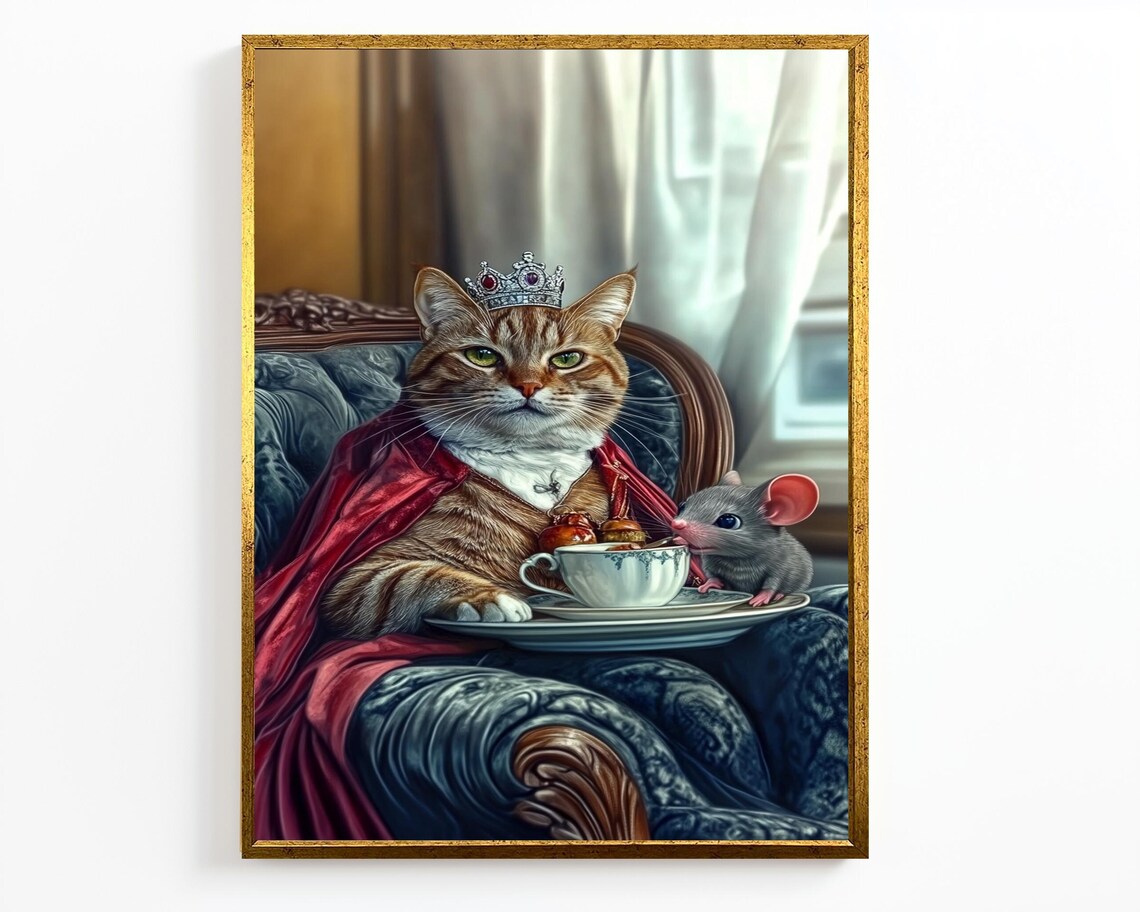 Royal Crowned Cat And Mouse Tea Party Velvet Cape Whimsical Wall Art Poster - Image 2