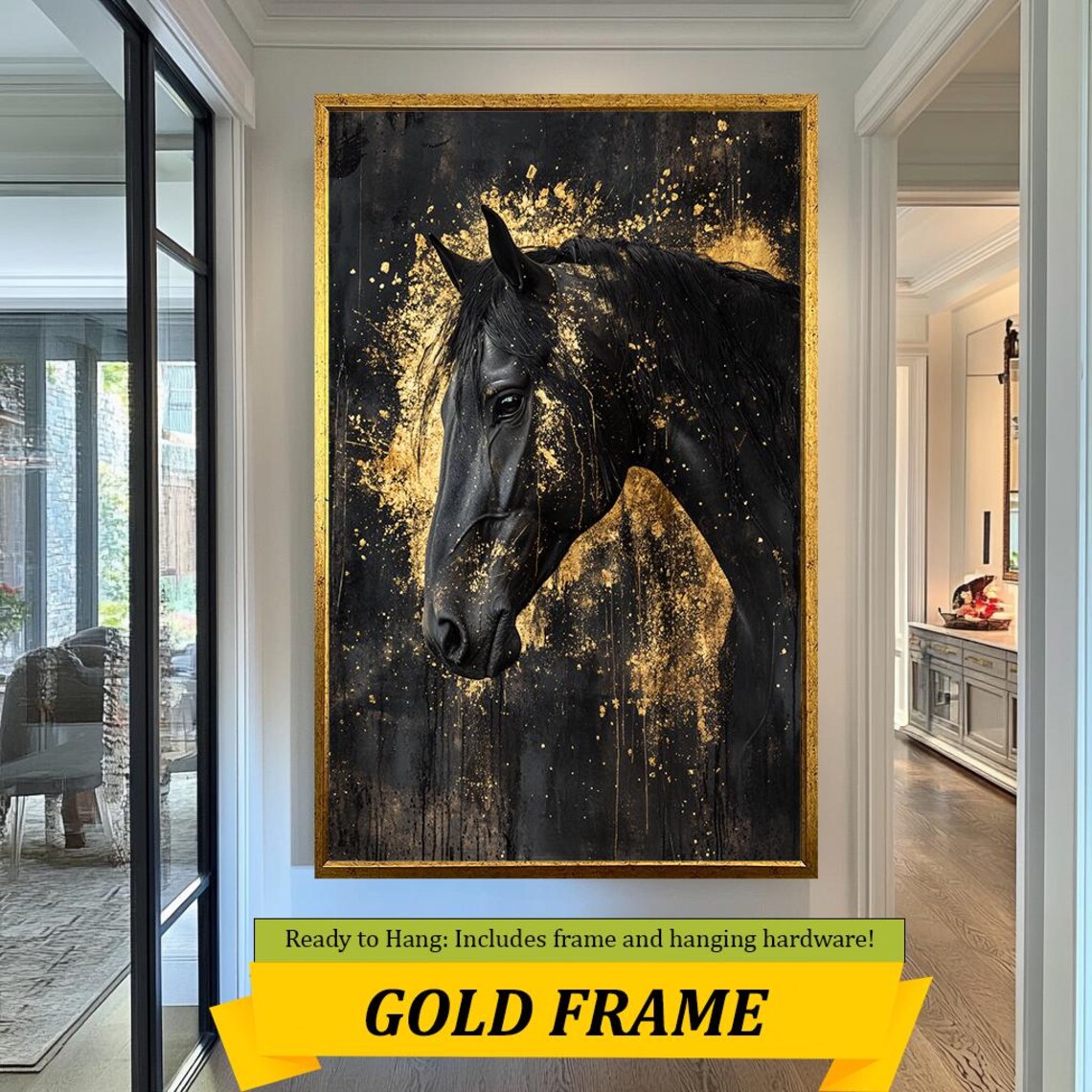 Black Stallion Portrait Golden Paint Splatter Bold Equine Wall Art Poster - Image 3