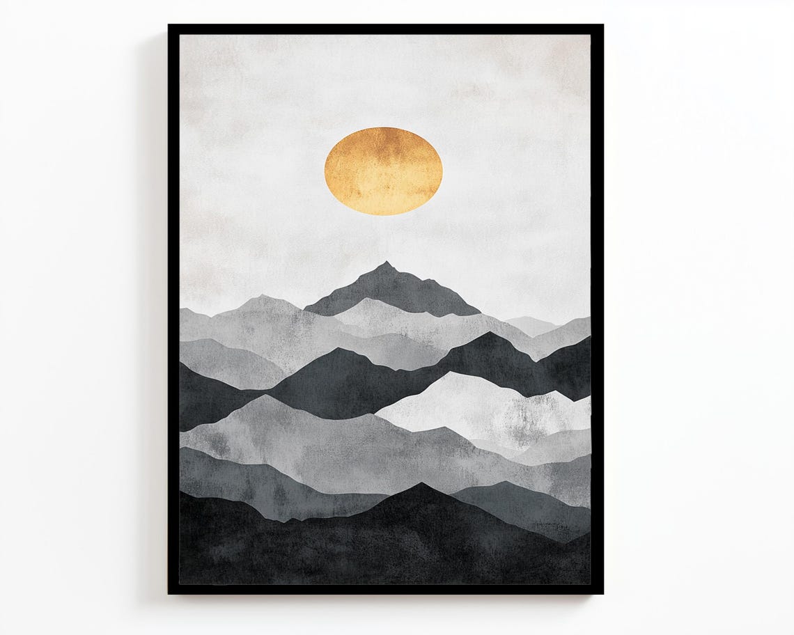 Gold Sun Over Layered Gray Mountain Ranges Modern Watercolor Wall Art - Image 2