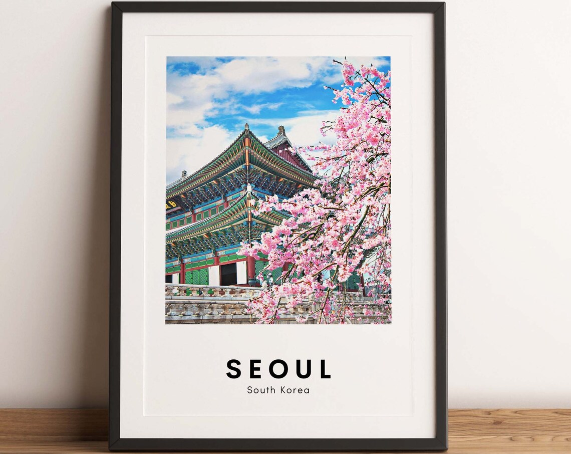 Seoul South Korea Traditional Palace Cherry Blossom Scene Poster