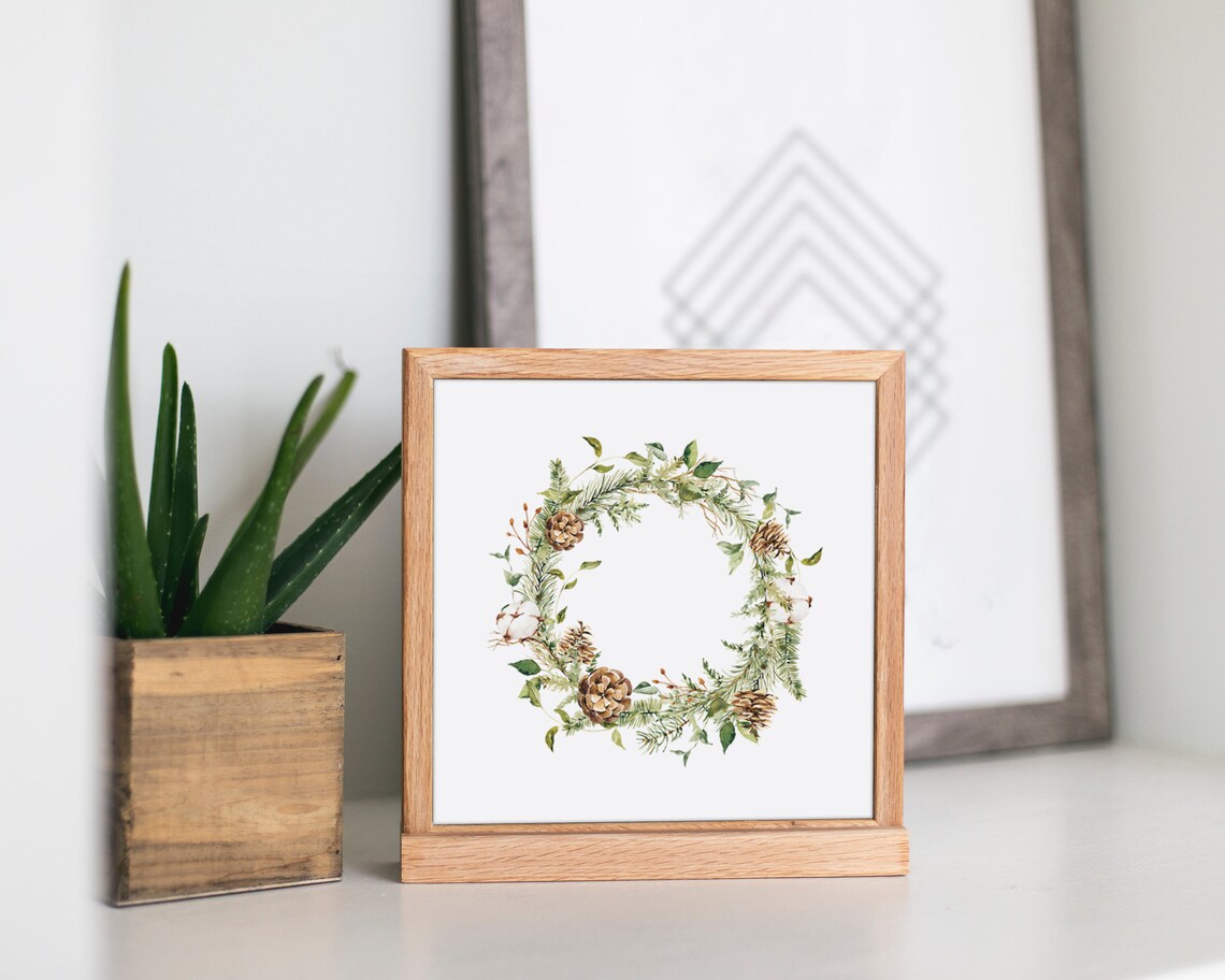 Watercolor Christmas Wreath Pinecones Cotton Botanical Holiday Print - Image 2