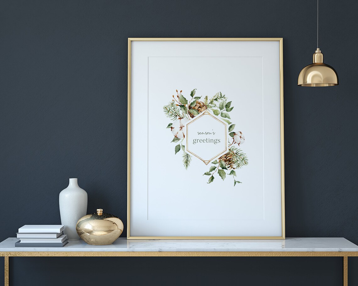 Seasons Greetings Watercolor Botanical Wreath Holiday Poster - Image 3