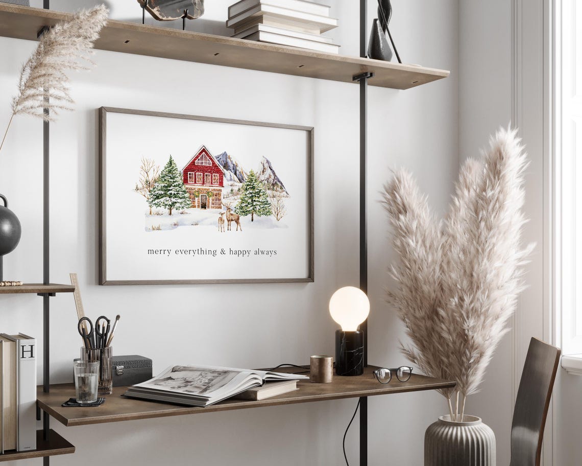 Merry Everything Happy Always Watercolor Winter Chalet Wall Art - Image 3