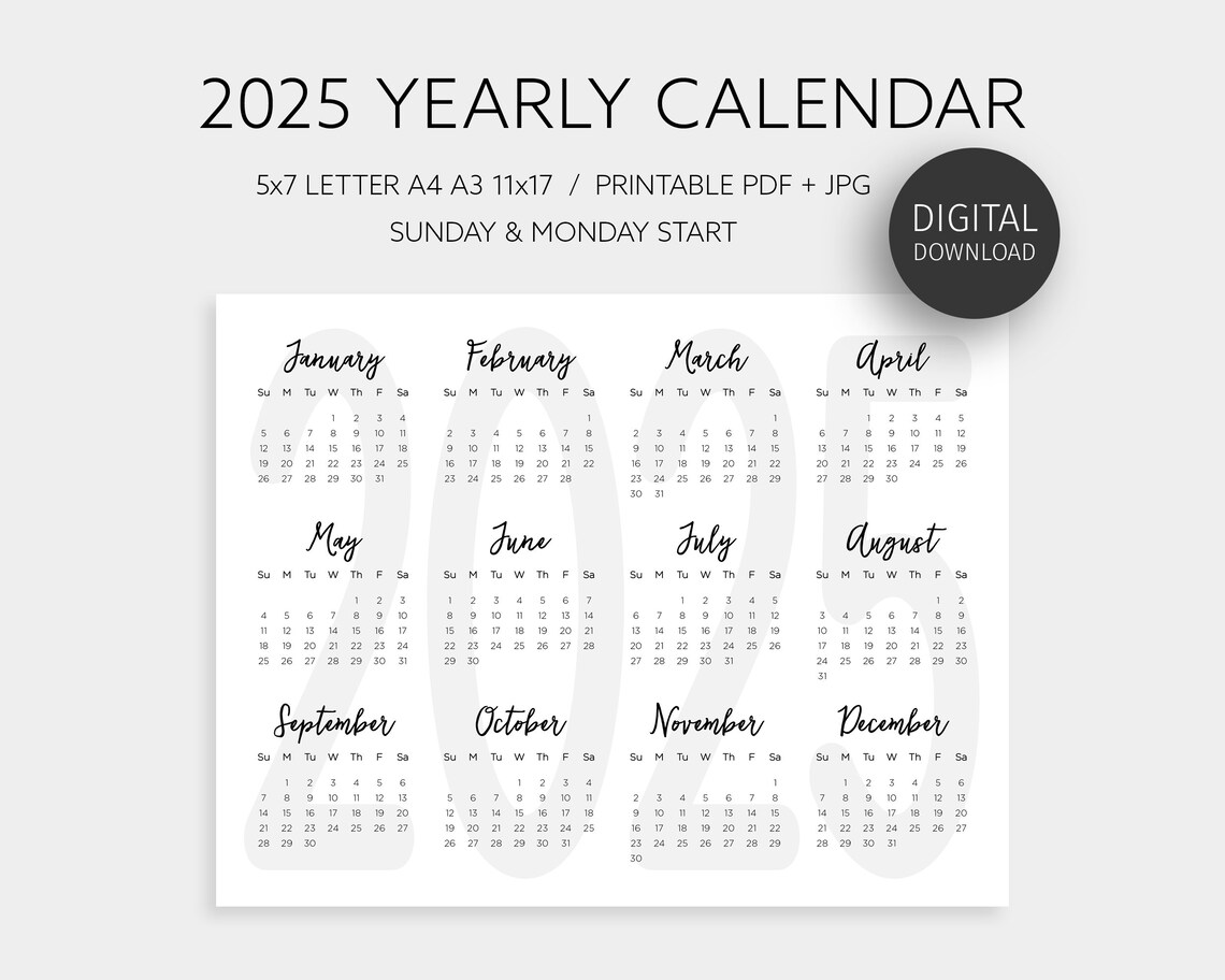 2025 Yearly Calendar, One Page Wall Planner
