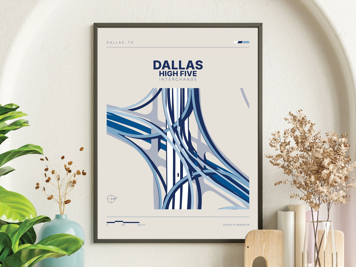 Dallas High Five Interchange Modern Minimalist Texas Map Poster