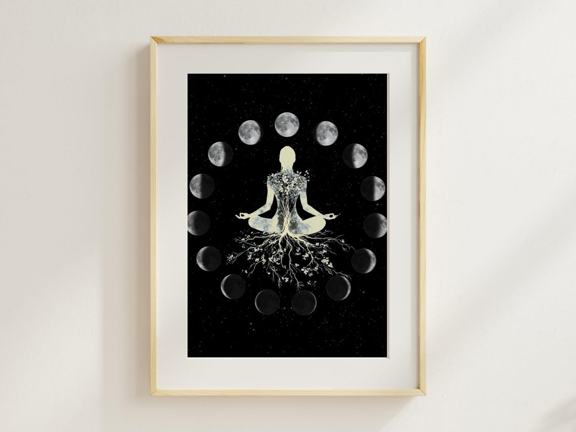Moon Phases Meditating Woman Celestial Spiritual Boho Poster