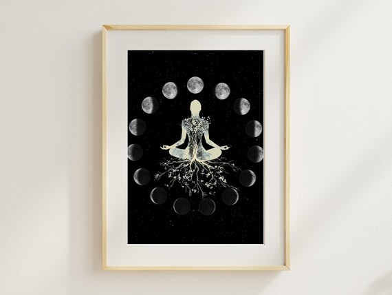 Moon Phases Meditating Woman Celestial Spiritual Boho Poster