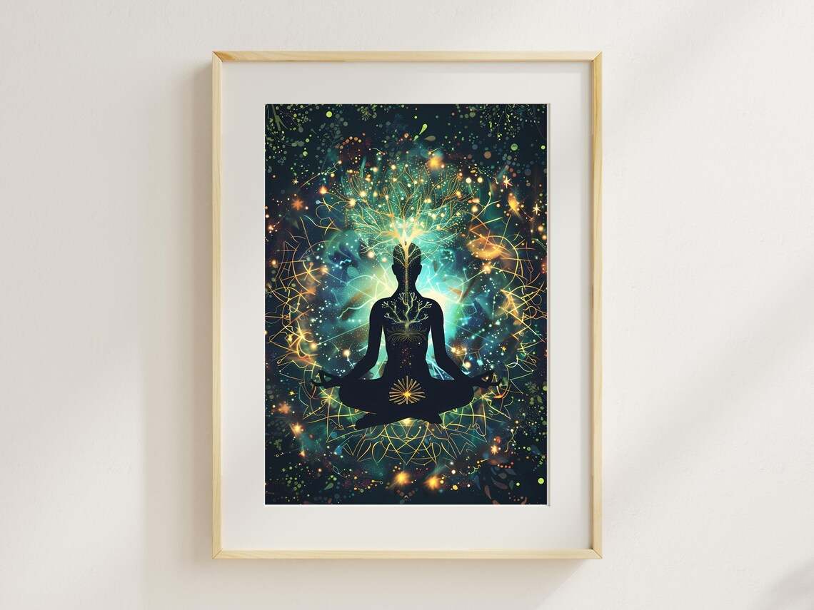 Cosmic Meditation Silhouette Green Energy Healing Art Poster