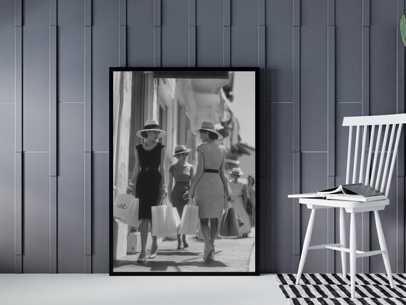 Midcentury Fashion Photo Women Shopping Retro Black White Poster