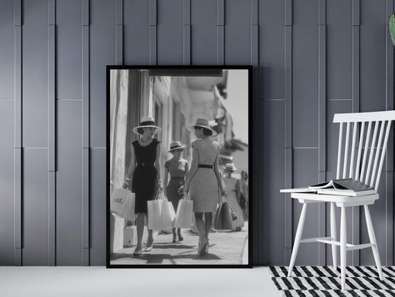 Midcentury Fashion Wall Art Black White Shopping Scene Print Retro Vintage Style Decor