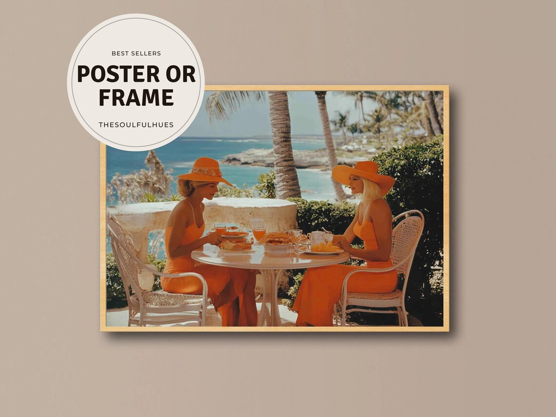 Two Women Brunching Seaside Retro Orange Dresses Glam Poster