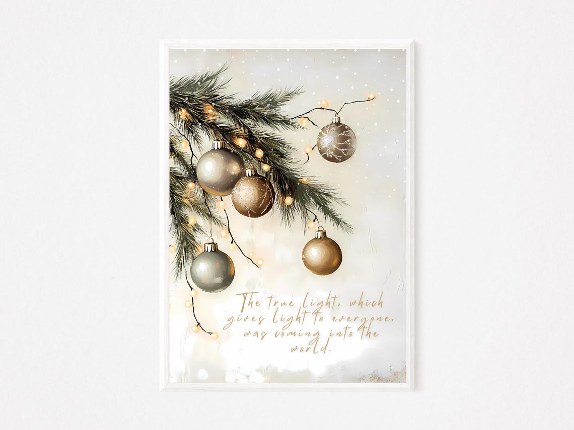 Gold Bauble Christmas Branch Minimalist Holiday Scripture Poster