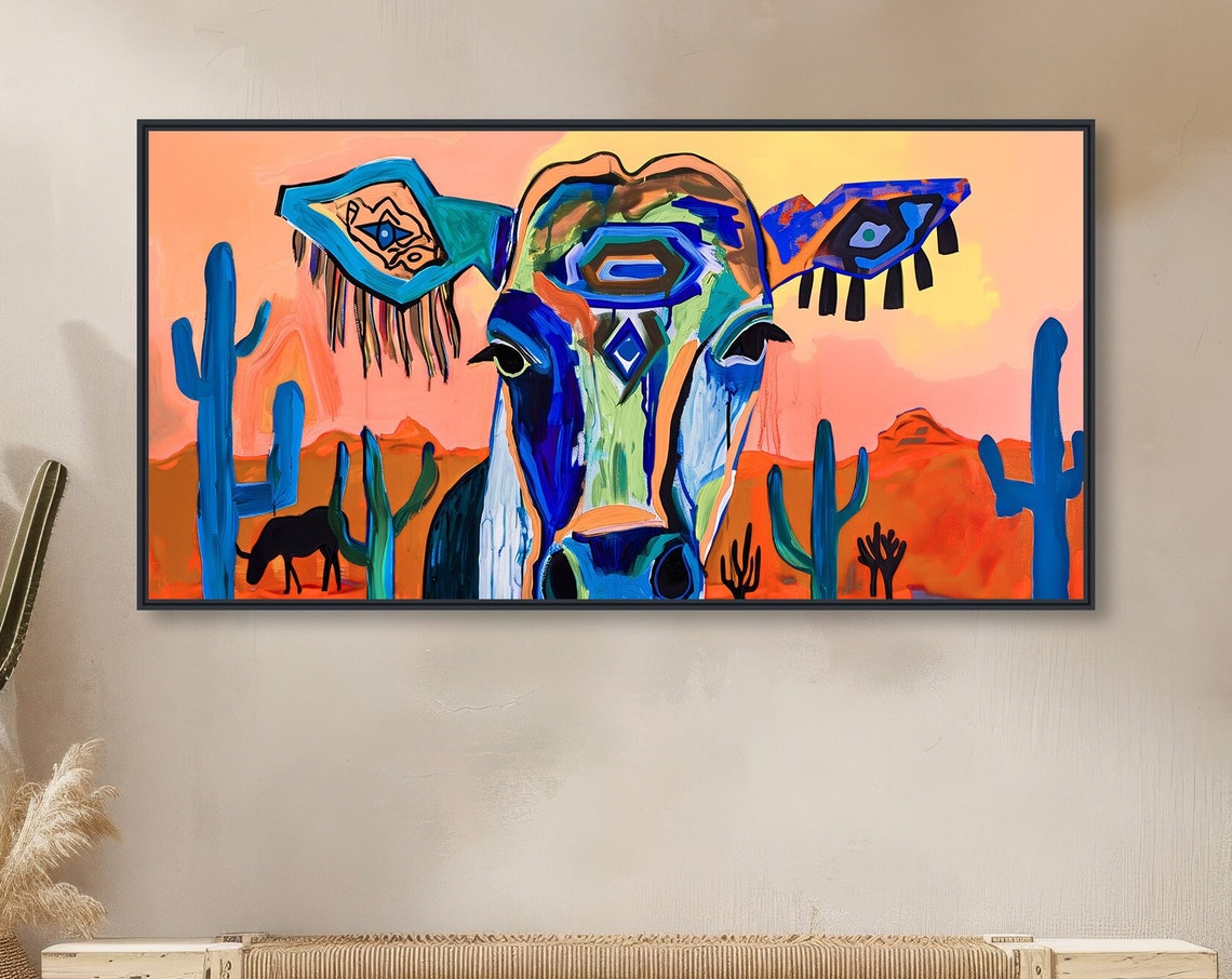 Colorful Abstract Cow Face Painting Desert Sunset Cactus Wall Poster