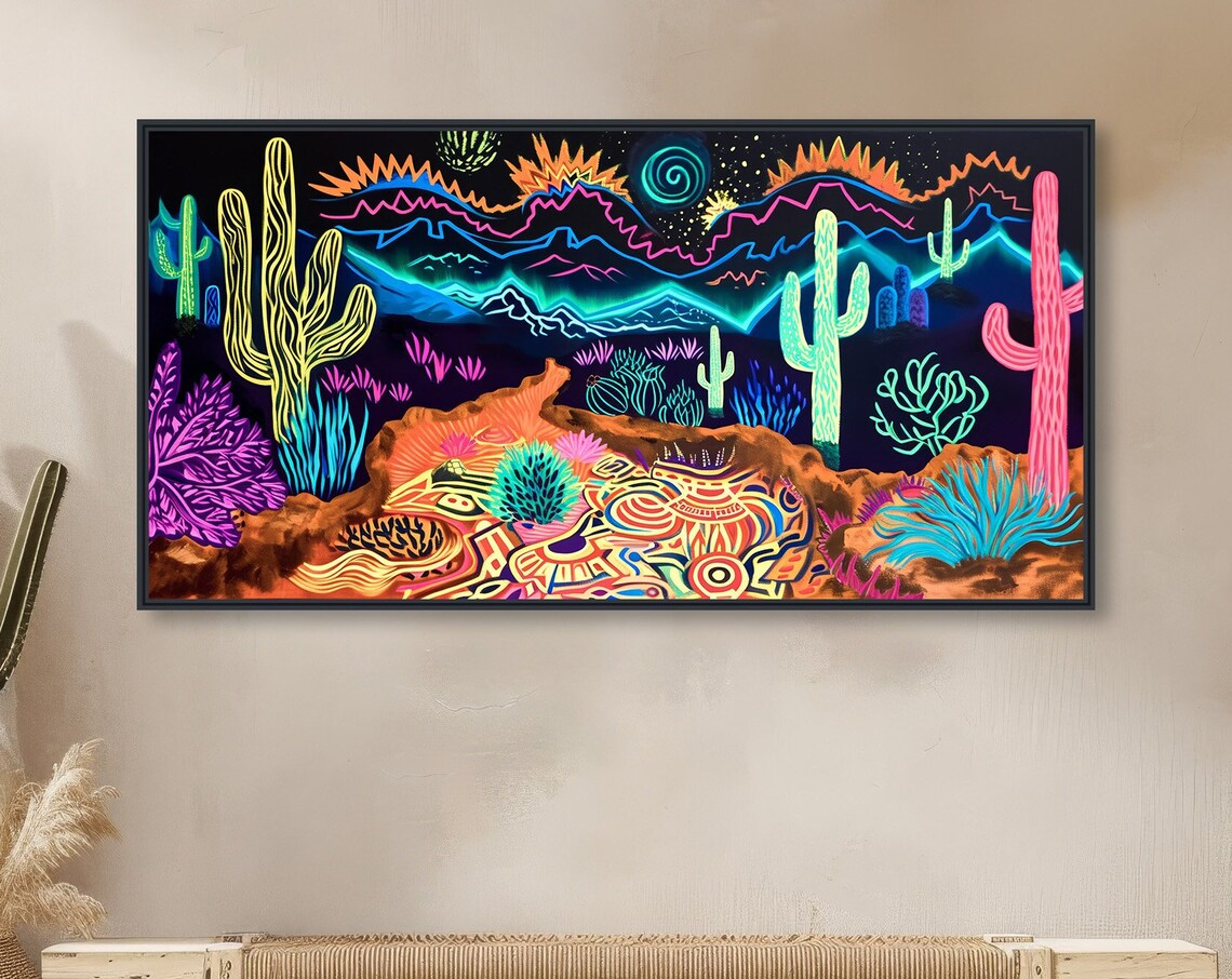 Neon Night Desert Landscape Painting Glowing Cactus Moon Wall Poster