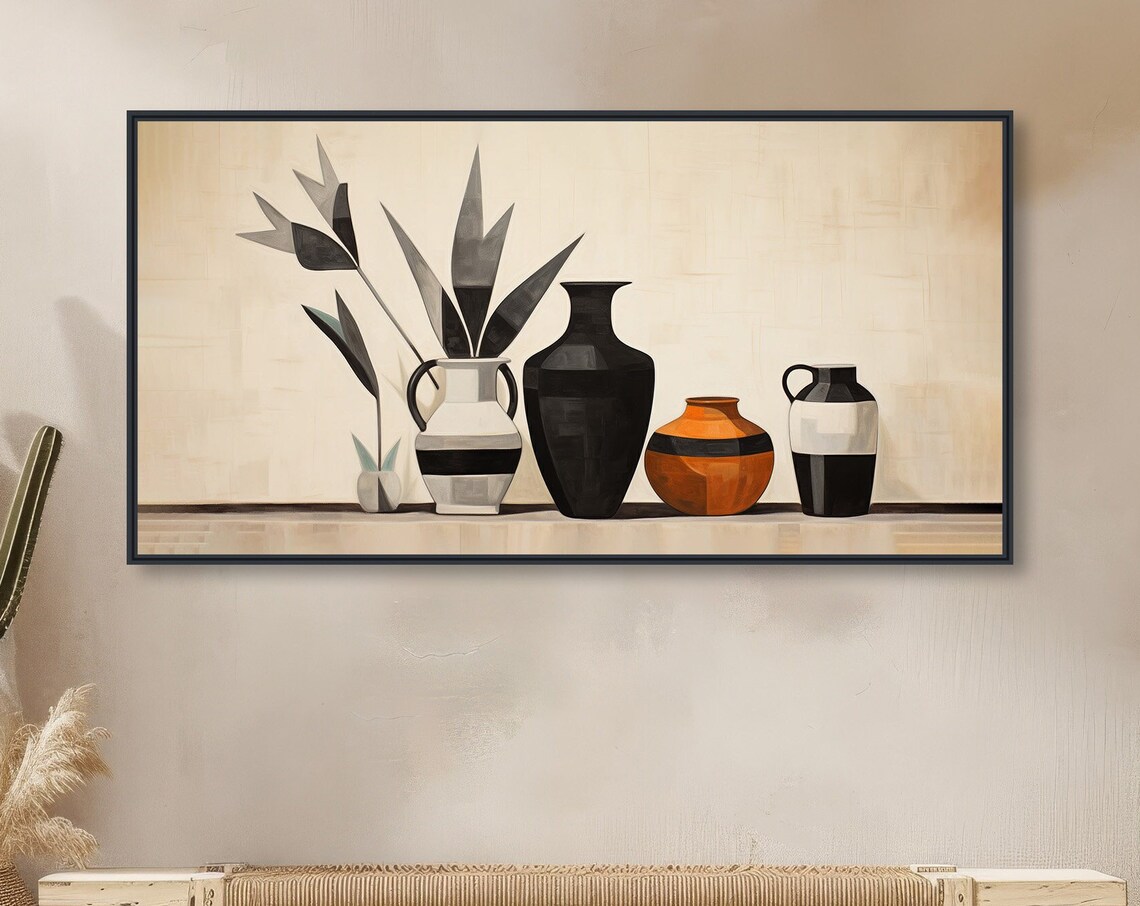 Minimal Desert Pottery Still Life Painting Beige Black Vases Wall Poster