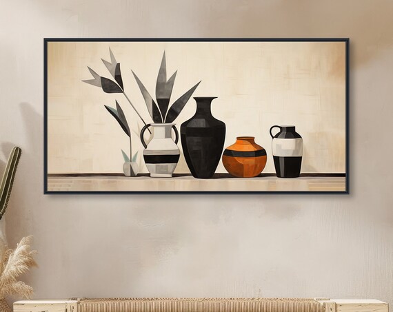 Minimal Desert Pottery Still Life Painting Beige Black Vases Wall Poster