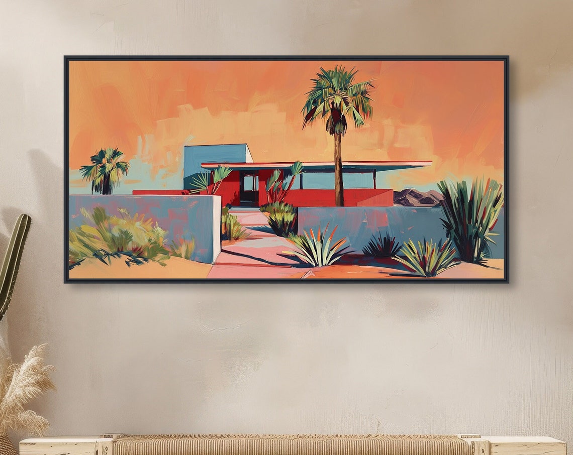 Mid Century Red House Painting Palm Trees Sunset Retro Wall Poster