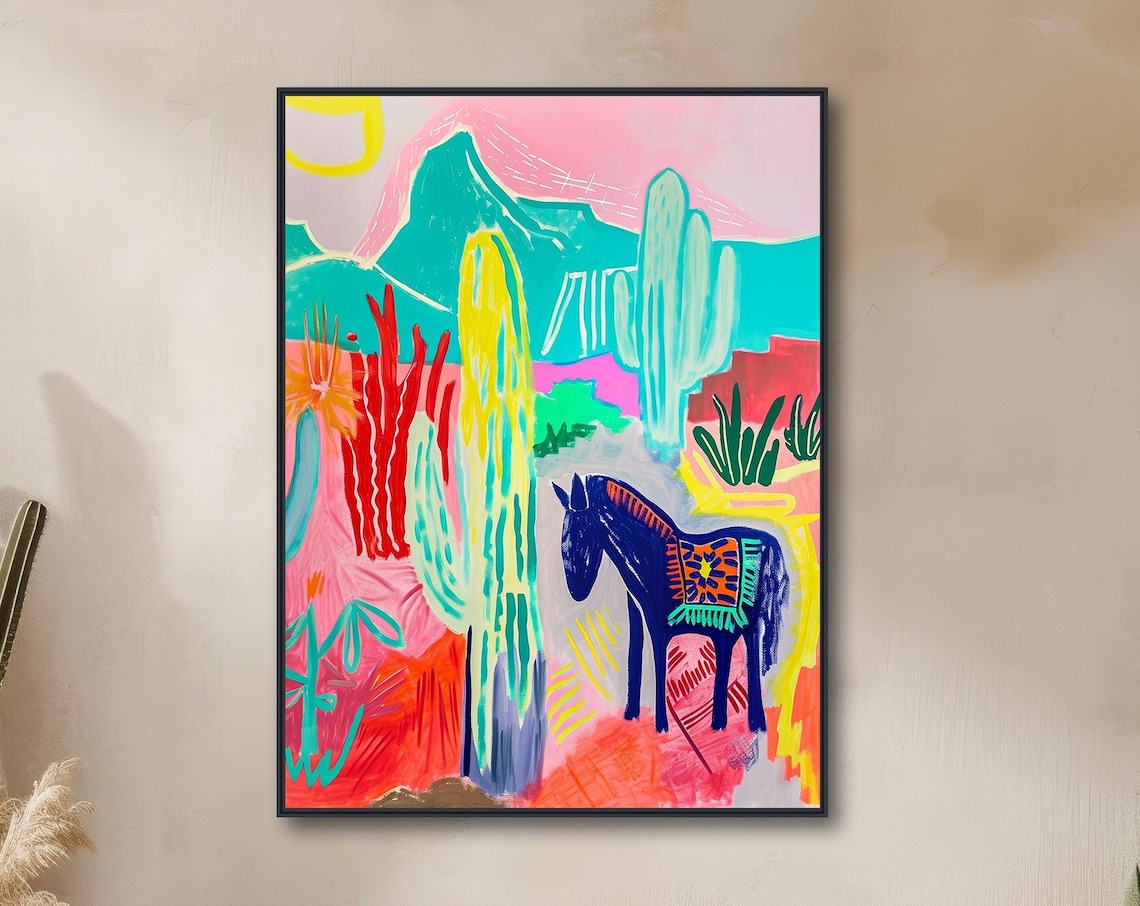 Southwestern Donkey and Cactus Abstract Art Print