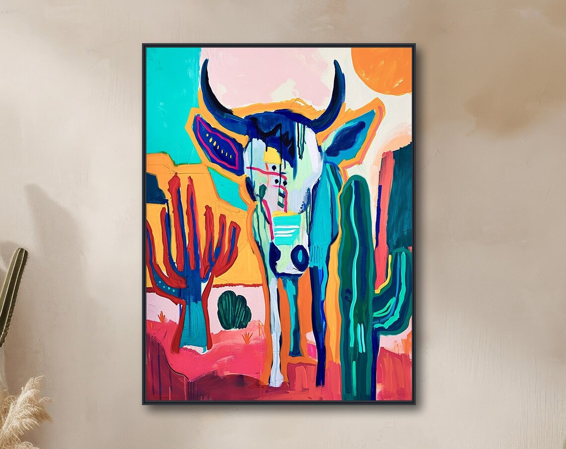 Pecos Southwestern Abstract Bull and Cactus Art Print