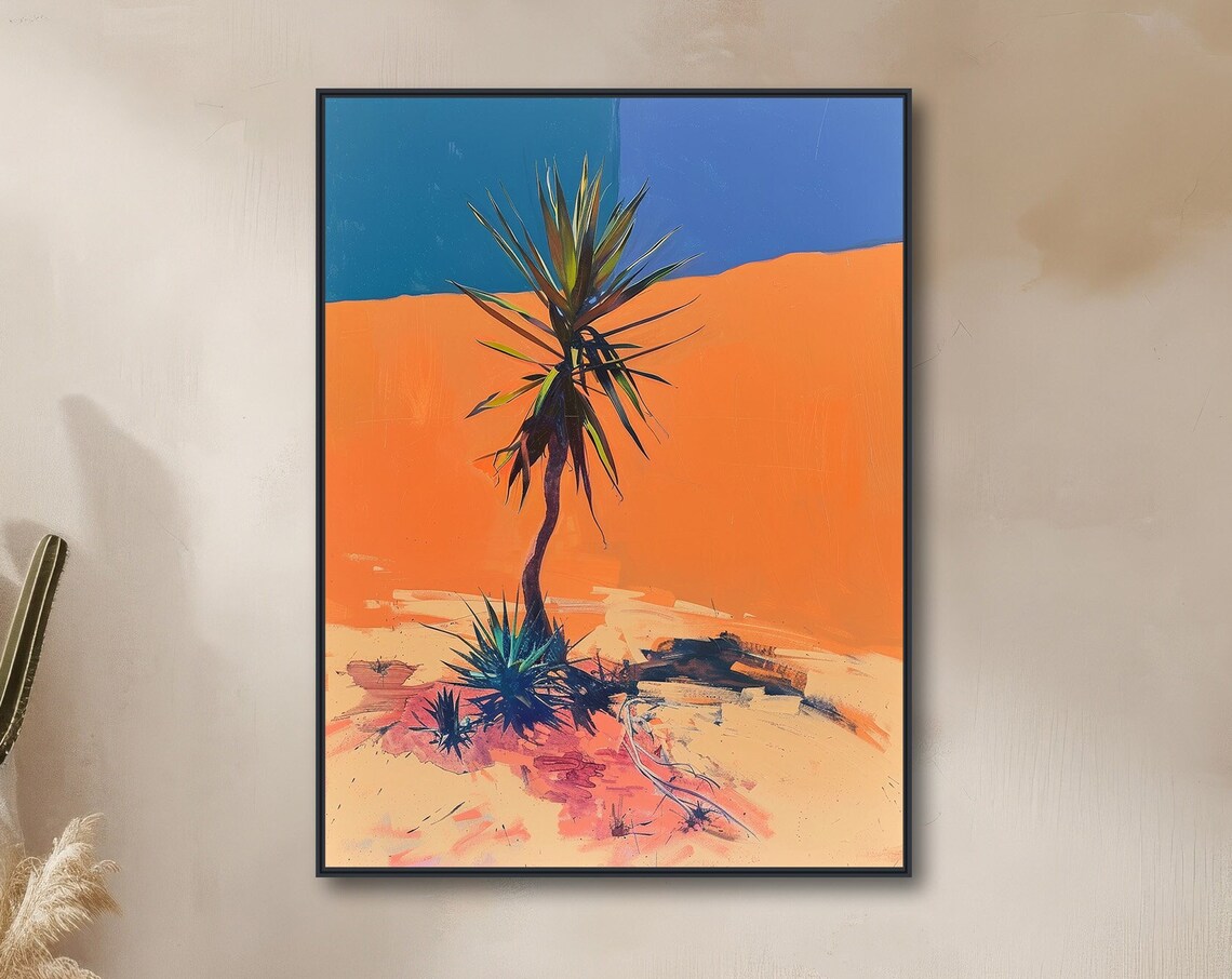 Minimal Desert Yucca Painting Orange Dunes Blue Sky Modern Wall Poster