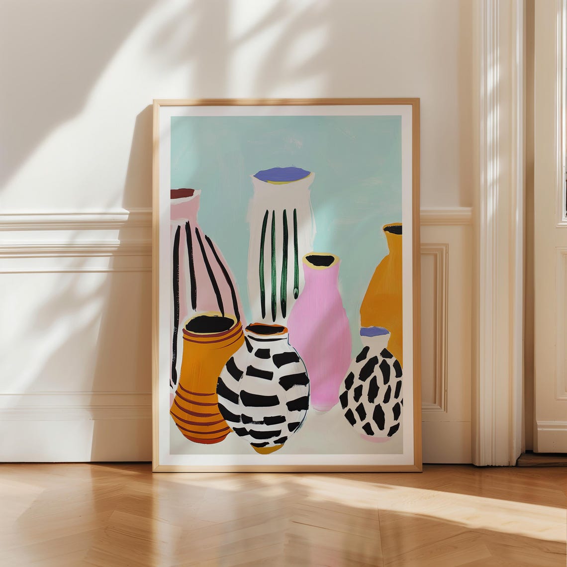Bold Colorful Retro Stripe Pottery Vases Abstract Still Life Art Print