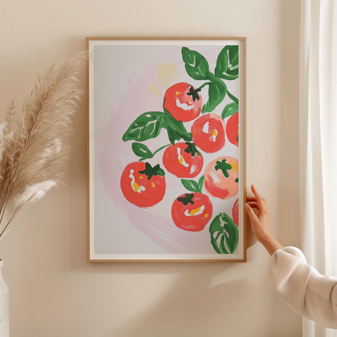 Juicy Painterly Tomato and Basil Still Life on Blush Pink Poster