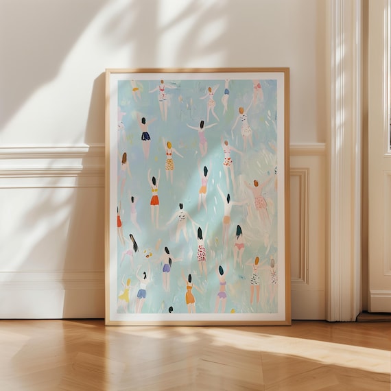 Tiny Swimmers Ocean Aerial View Minimalist Summer Beach Art Print