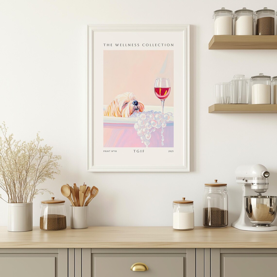 Tired Dog in Bubble Bath with Wine Glass TGIF Wellness Poster - Image 2