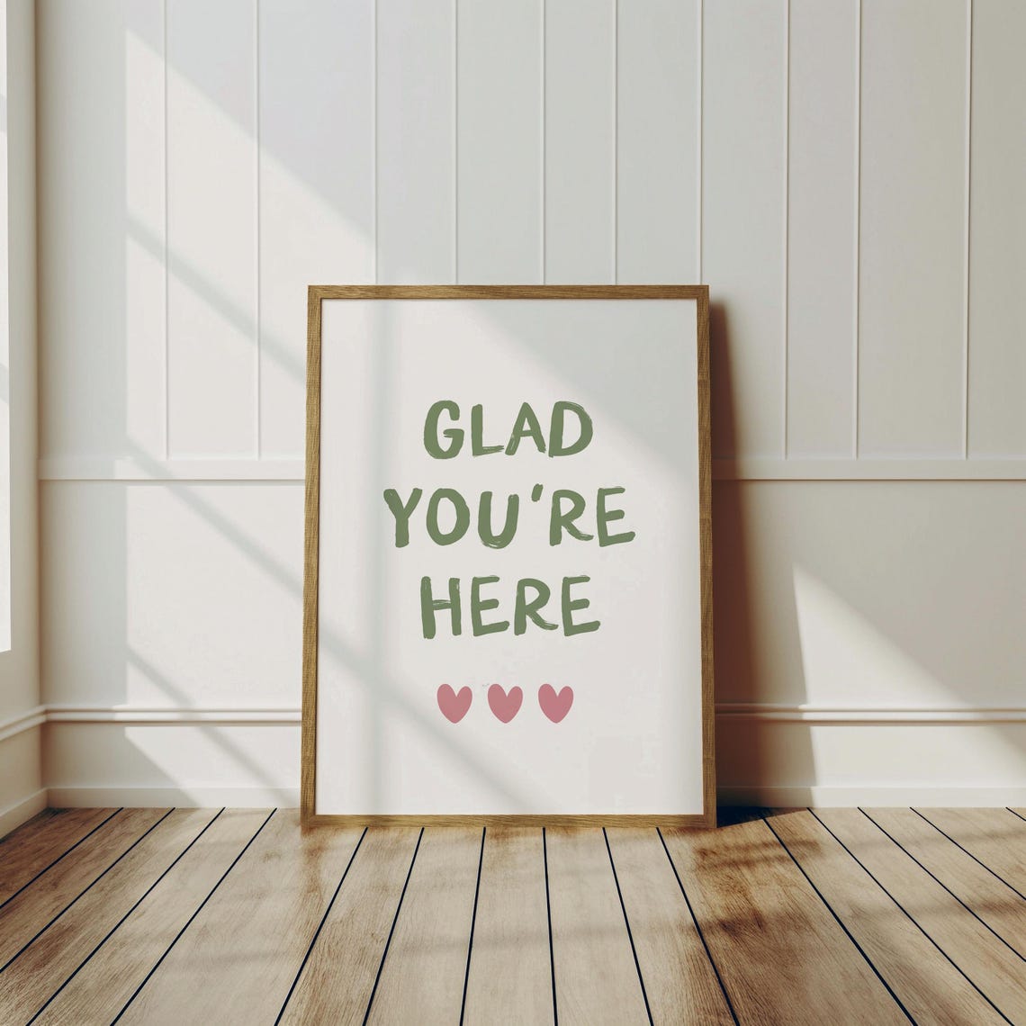 Glad Youre Here Sage Green Poster With Blush Pink Heart Accents