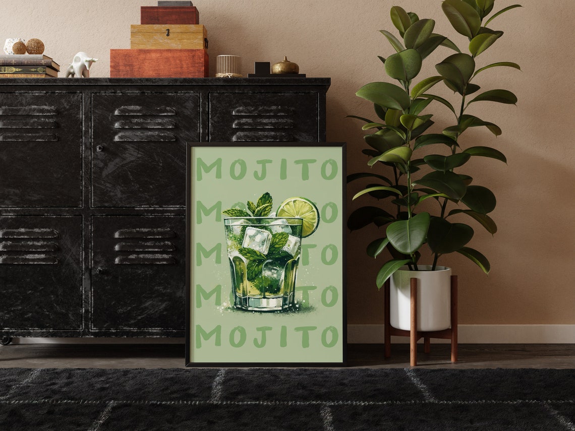 Mojito Cocktail Watercolor Mint Lime Green Kitchen Bar Poster - Image 3