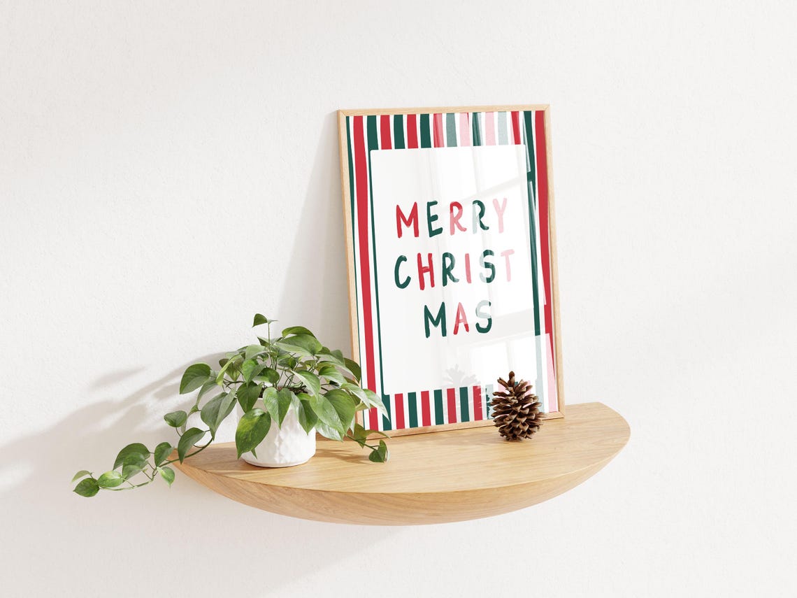 Merry Christmas Red Green Striped Hand Lettered Holiday Poster - Image 2