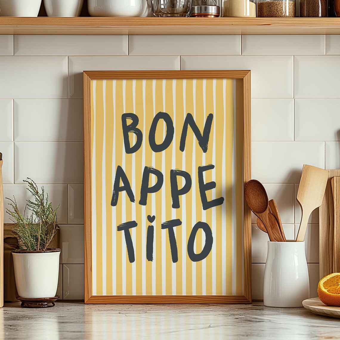 Bon Appetito Yellow Striped Kitchen Typography Fun Foodie Poster