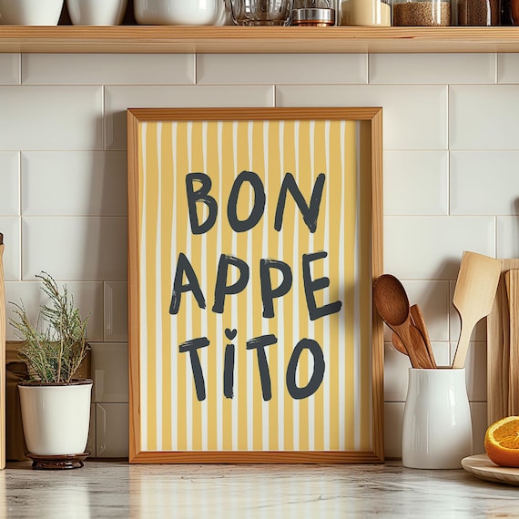 Bon Appetito Yellow Striped Kitchen Typography Fun Foodie Poster